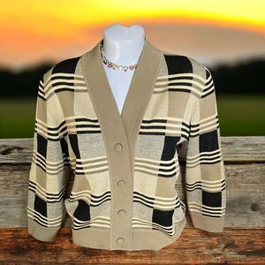 Vintage 60s CADILLAC Wool Italy Black Tan Striped Cardigan Sweater M 8 Womens